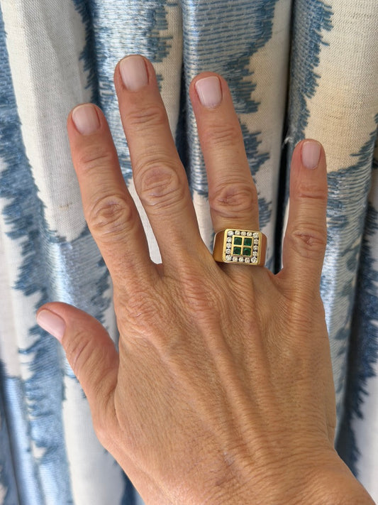 14k Square Deco Emerald Signet Ring With Diamond Halo