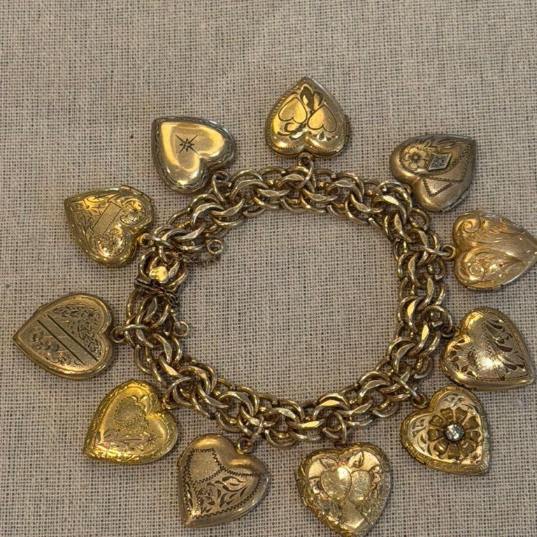 Gold Filled Eleven Heart Locket Charm Bracelet