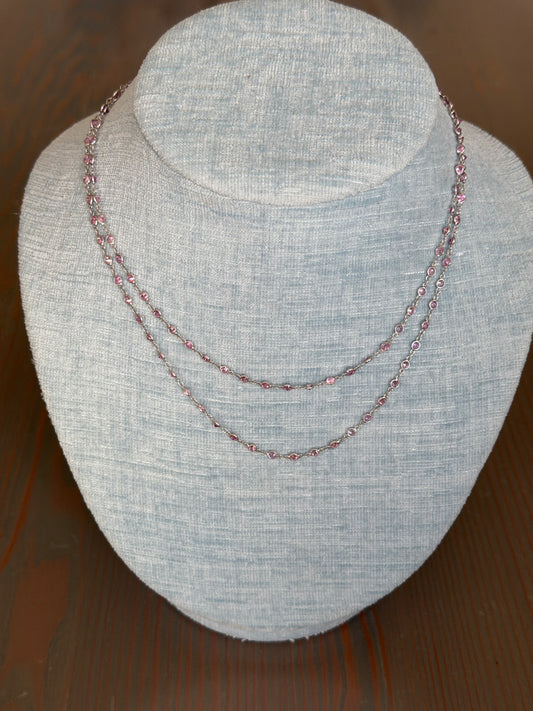 18k White Gold Bezel Set Pink Sapphire Station Necklace