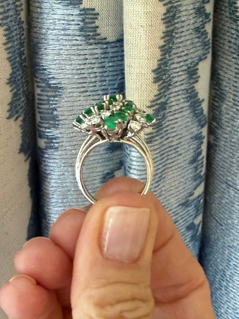 14K White Gold Emerald and Diamond Swirl Ring