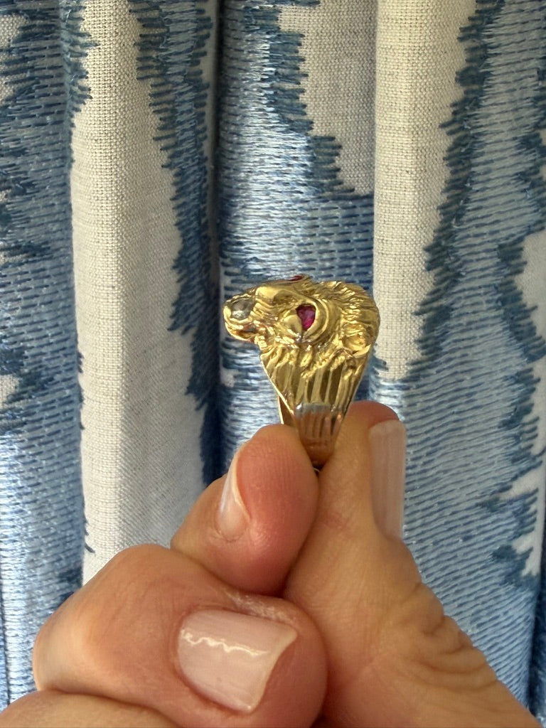 10k Lion Head Ring with Diamond Mouth and Synthetic Ruby Eyes