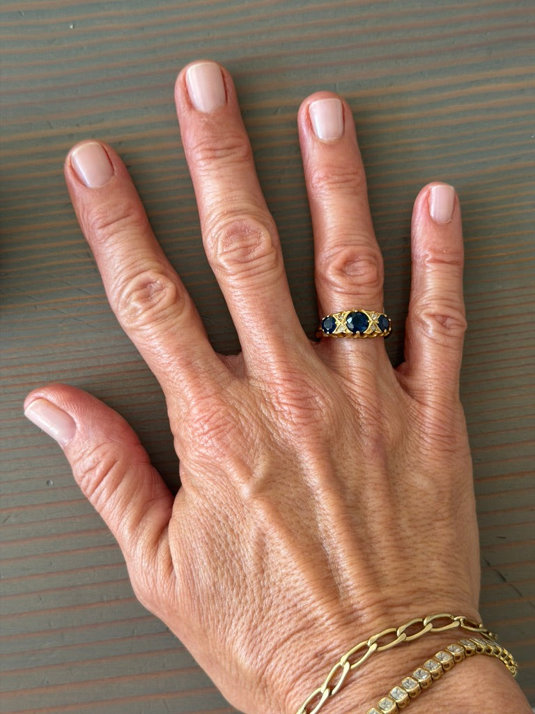 18k Three Stone Sapphire Ring with Diamonds