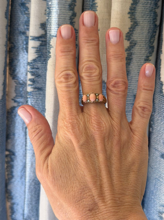 9K Three Stone Coral and Pearl Ring