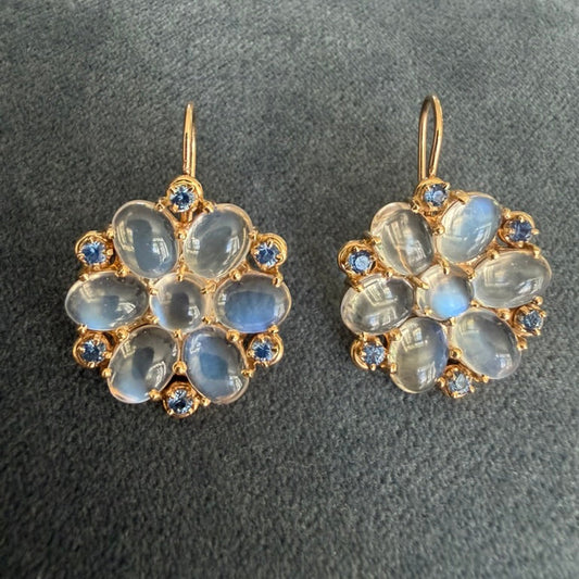 14K Moonstone and Sapphire Floral Earrings