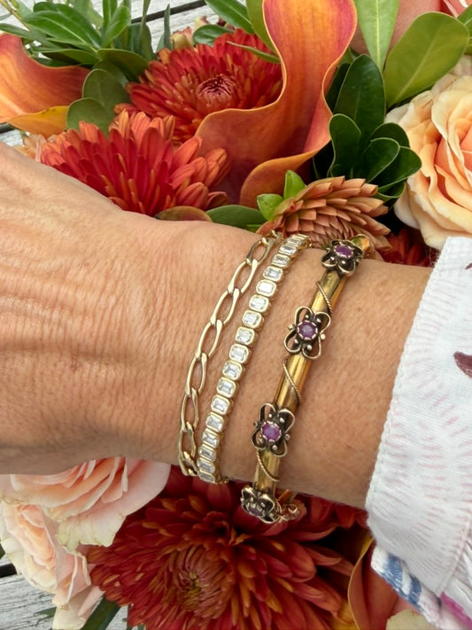 14k Victorian Floral Garnet Bangle