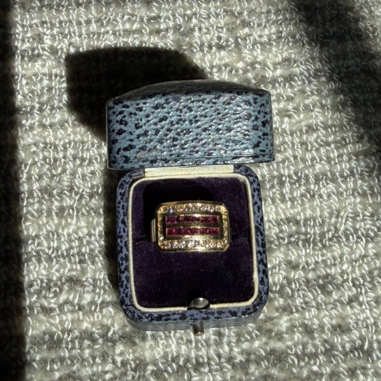 14K Deco Diamond and Ruby Calibre Cut Mid-Century Ring