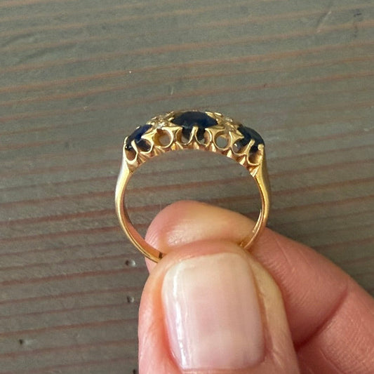 18k Three Stone Sapphire Ring with Diamonds