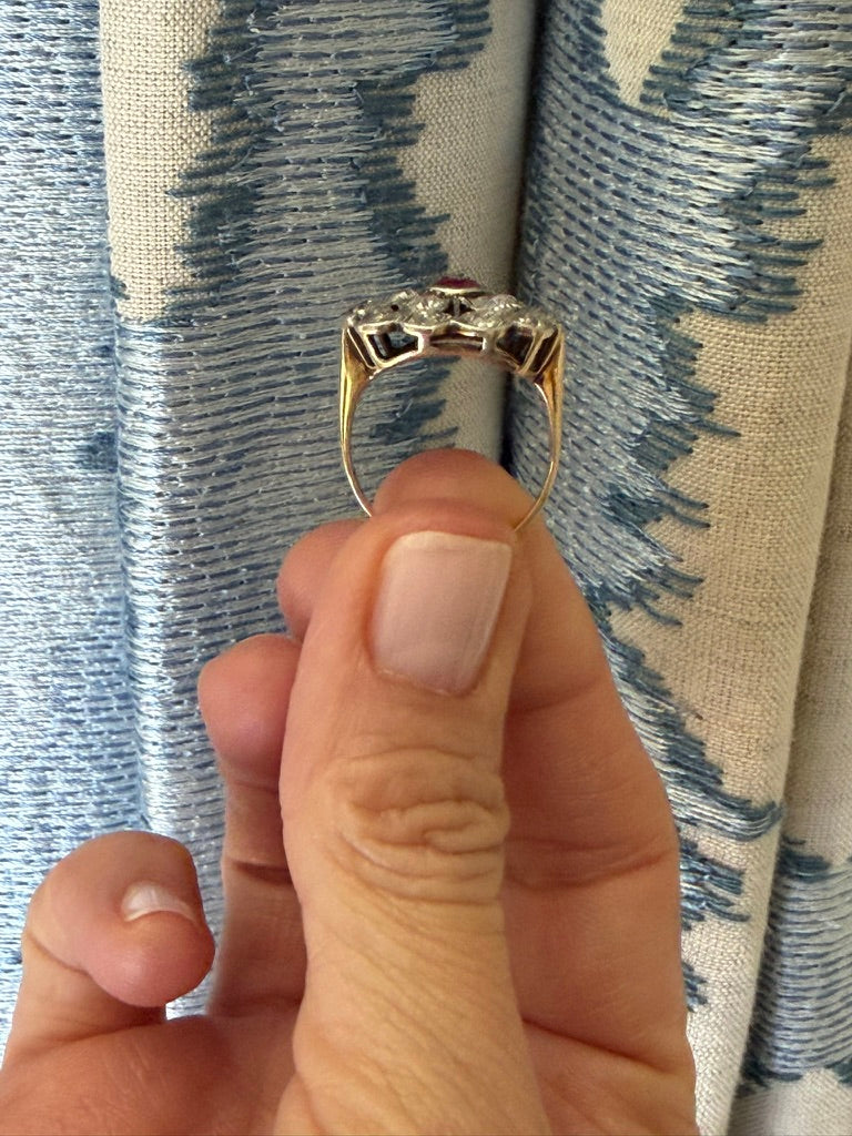 14K Antique Ruby and Diamond Flower Ring