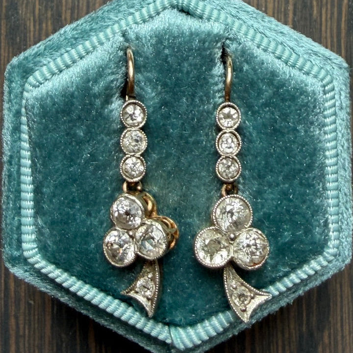 14k Antique Diamond Trefoil Lever Back Earrings