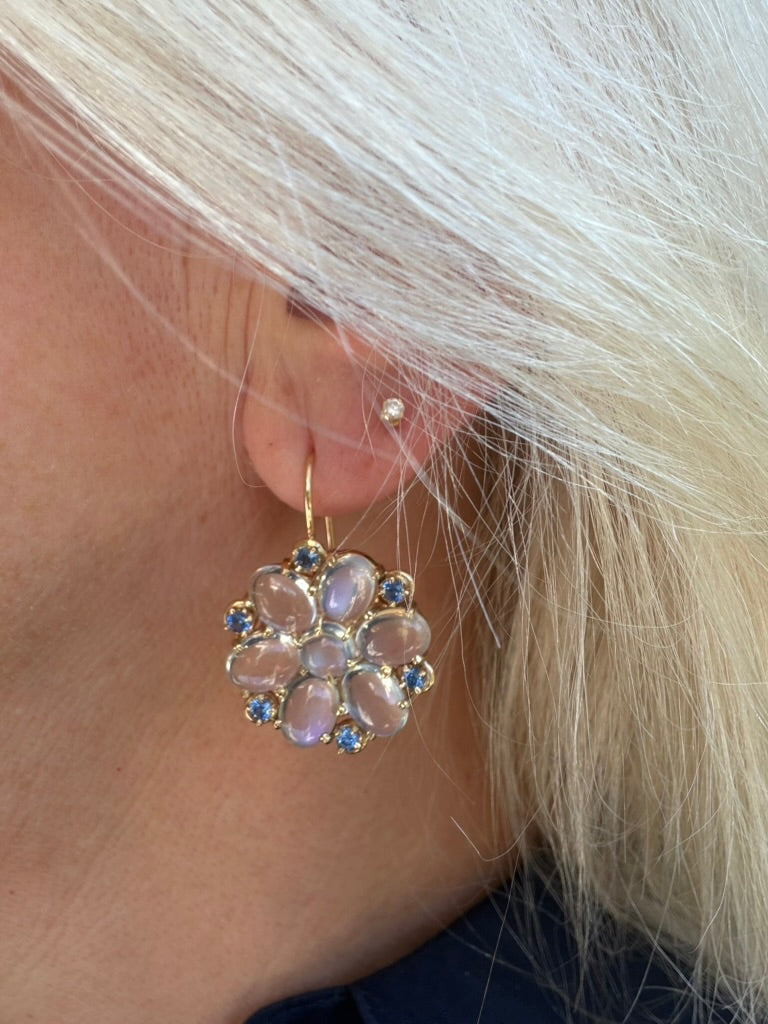 14K Moonstone and Sapphire Floral Earrings