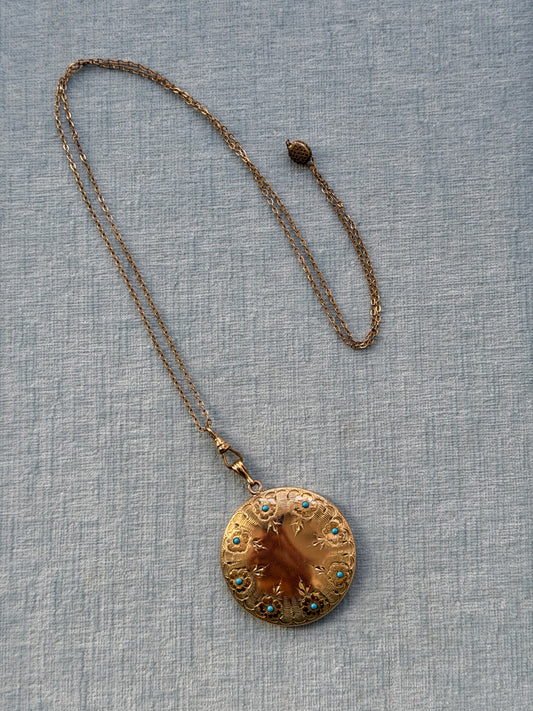 Gold Filled Extra Large Round Turquoise Locket on Chain