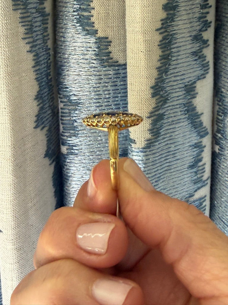 18k Navette Sapphire Ring with European Cut Diamonds