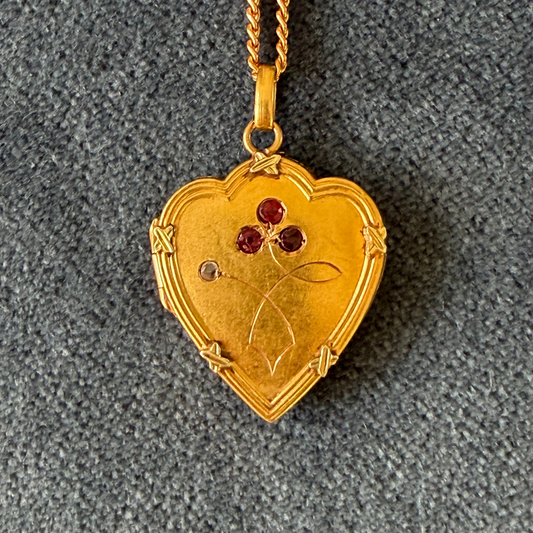 18k French Heart Locket with Diamond and Rubies on Chain