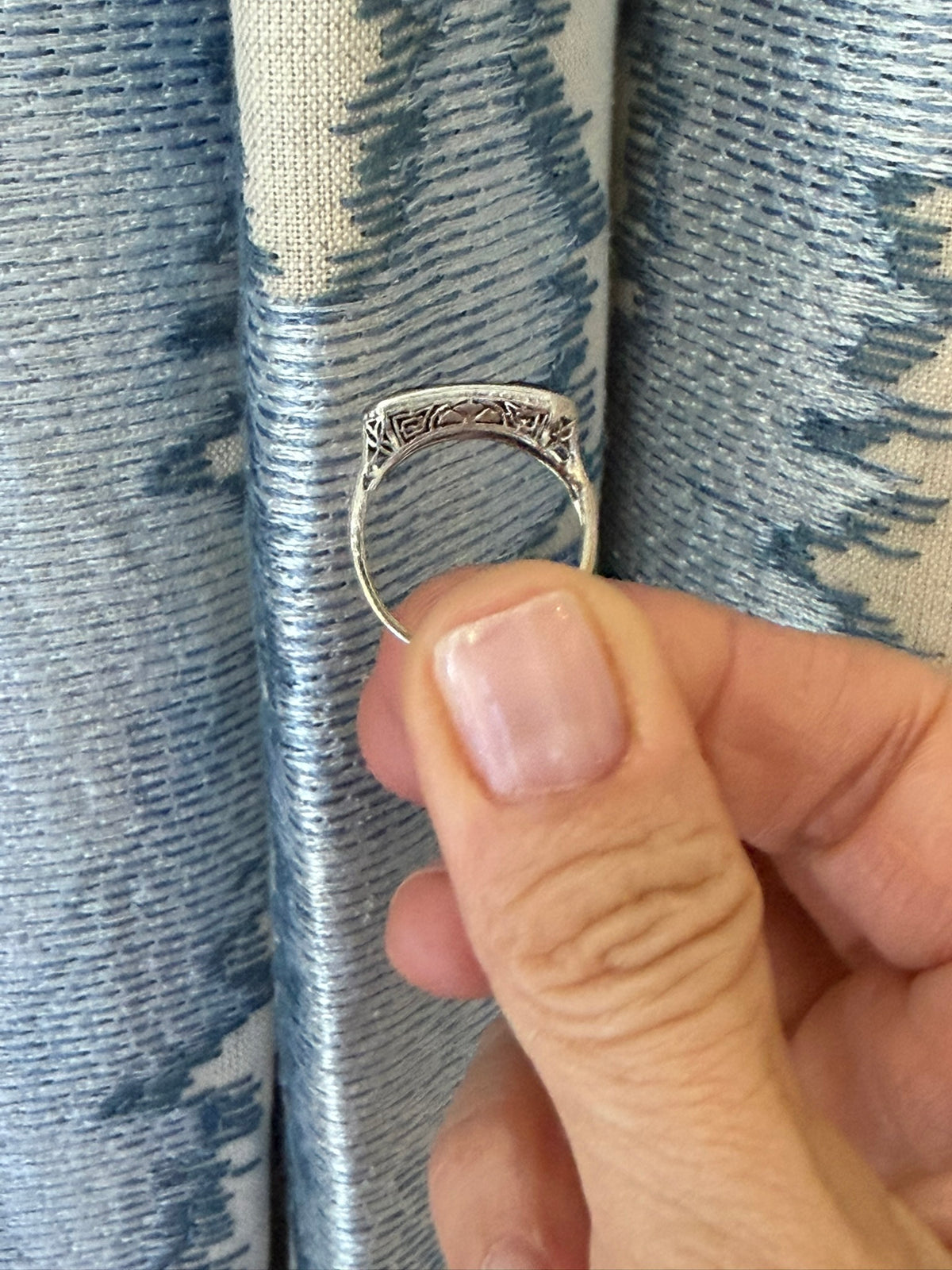 14K Three Stone Diamond Ring with Sapphire Border
