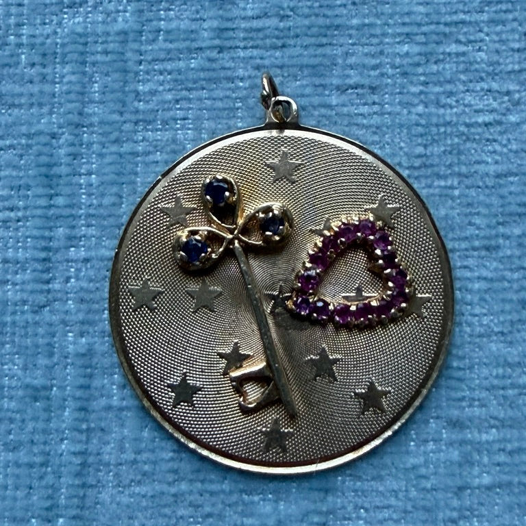 14K Heart and Key Disc Charm with Rubies and Sapphires