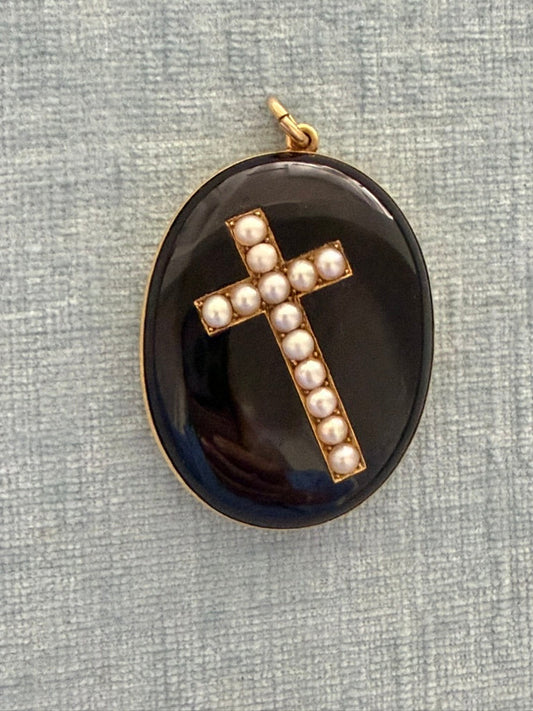 14K Victorian Black Enamel Cross Locket