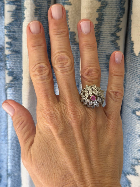 14k White Gold Flower Cluster Ring with Diamond Center