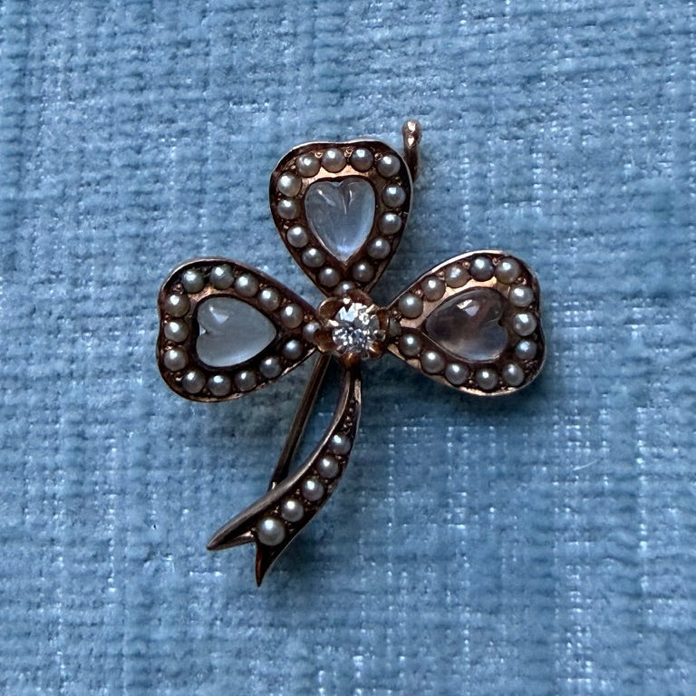 14k Moonstone, Diamond and Pearl Clover Brooch