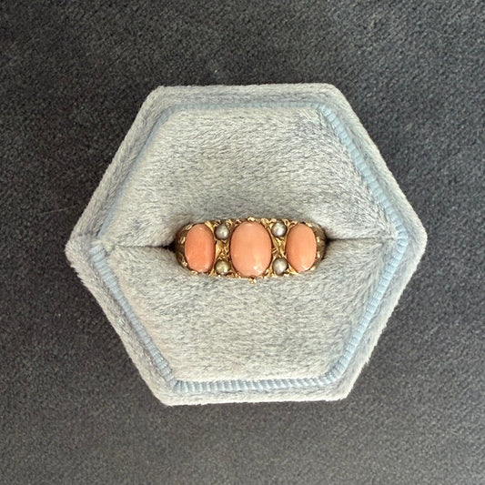 9K Three Stone Coral and Pearl Ring
