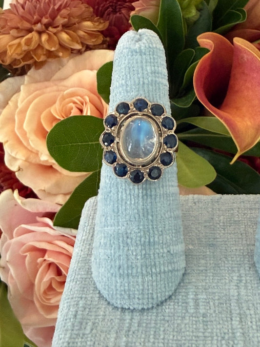 18k Moonstone and Sapphire Halo Ring