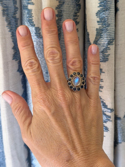 18k Moonstone and Sapphire Halo Ring
