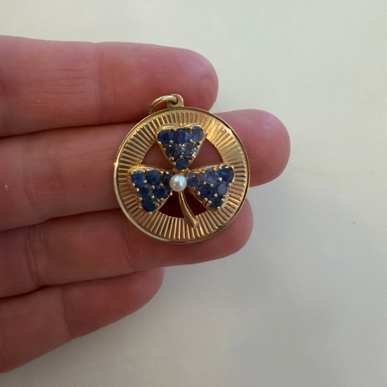 14K Sapphire and Pearl Clover Charm