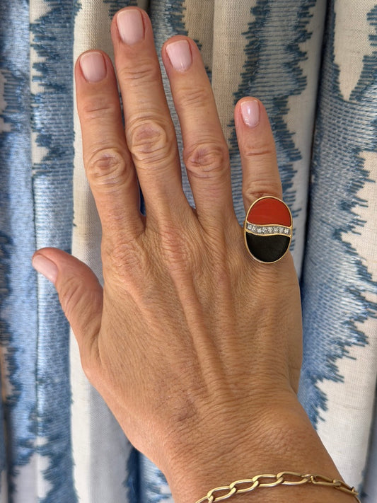 14k Coral, Onyx and Diamond Ring