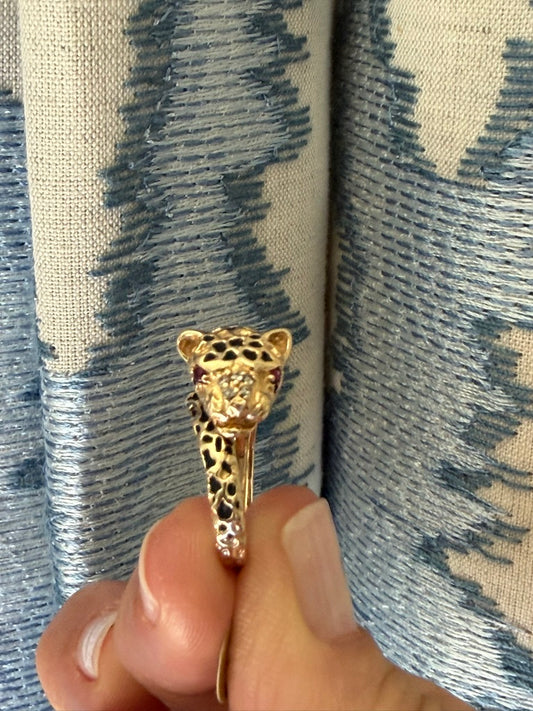 14k Enamel Jaguar Ring with Diamond and Ruby