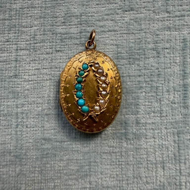 14 or 18k English Locket with Turquoise and Pearls Laurel Wreath