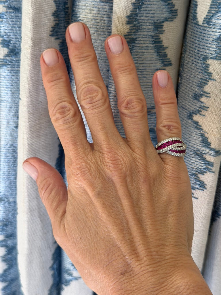 14K White Gold Diamond and Ruby Wave Ring