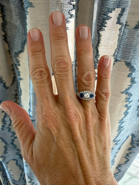 Platinum Deco Diamond and Sapphire Ring