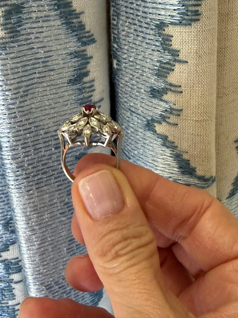 14k White Gold Ruby and Diamond Flower Ring