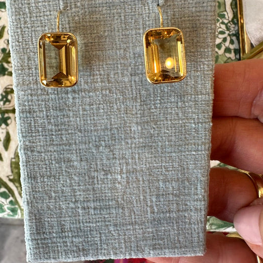 14K Emerald Cut Citrine Drop Earrings