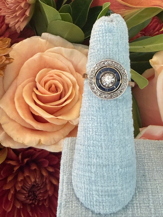 18k White Gold French Target Ring with Sapphires and Diamonds