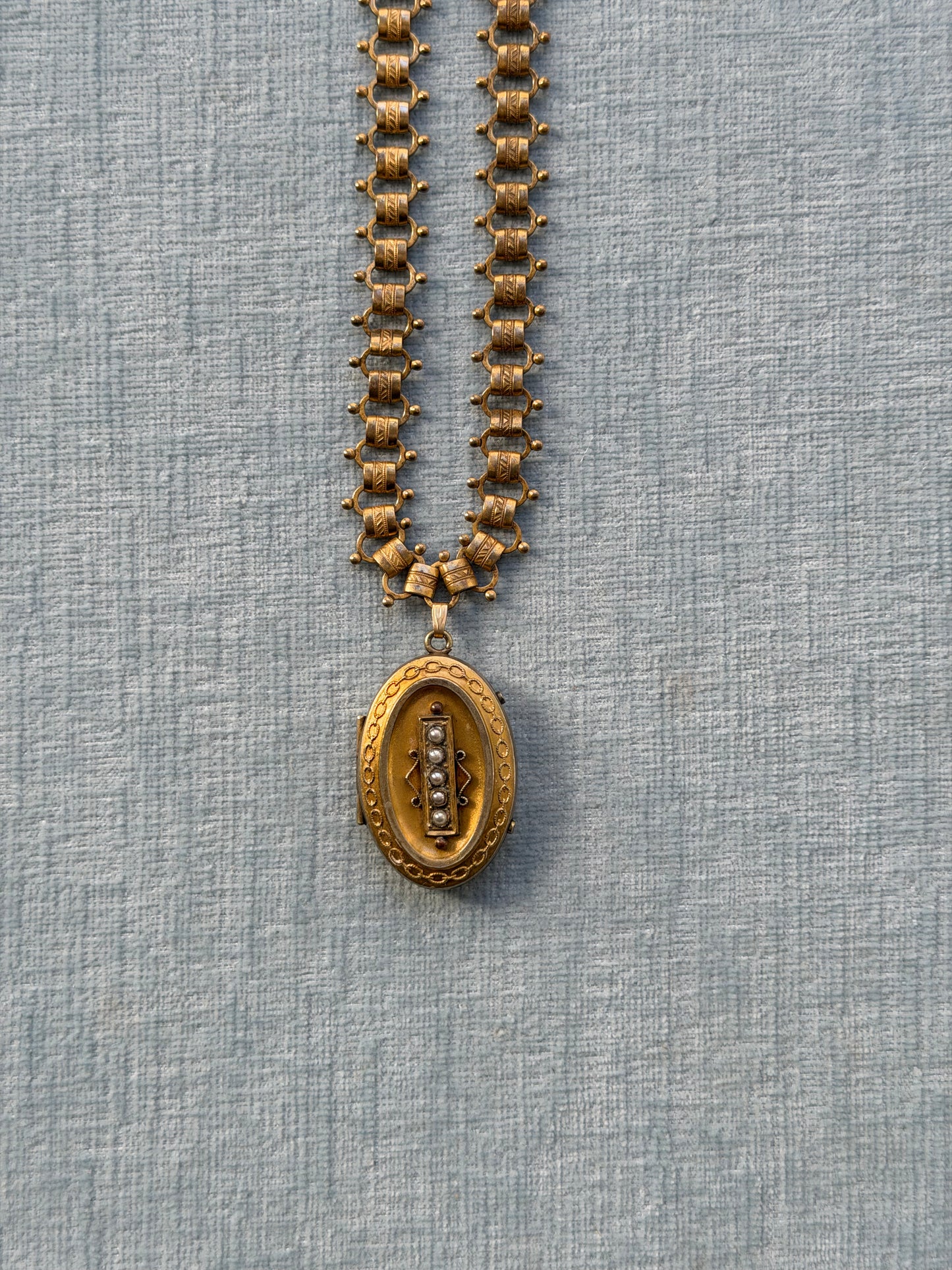 Gold Filled Antique Book Chain and Seed Pearl Locket