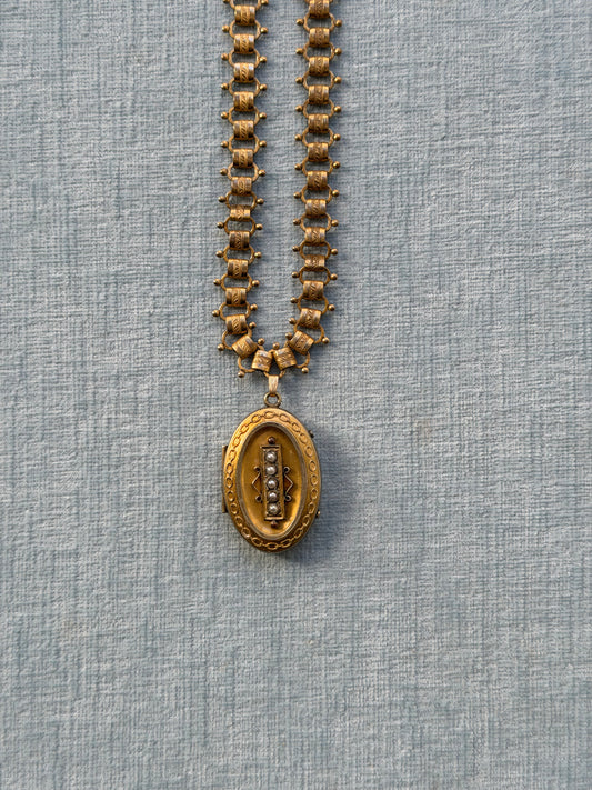 Gold Filled Antique Book Chain and Seed Pearl Locket