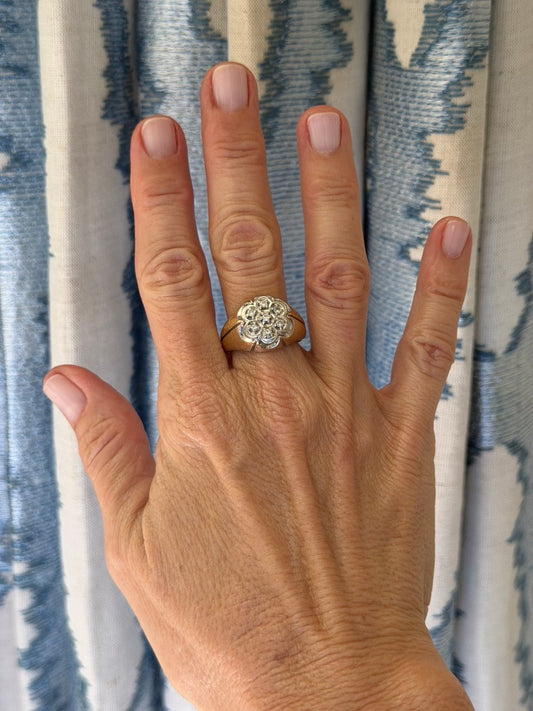14k Two Tone Gold Flower and Diamond Ring