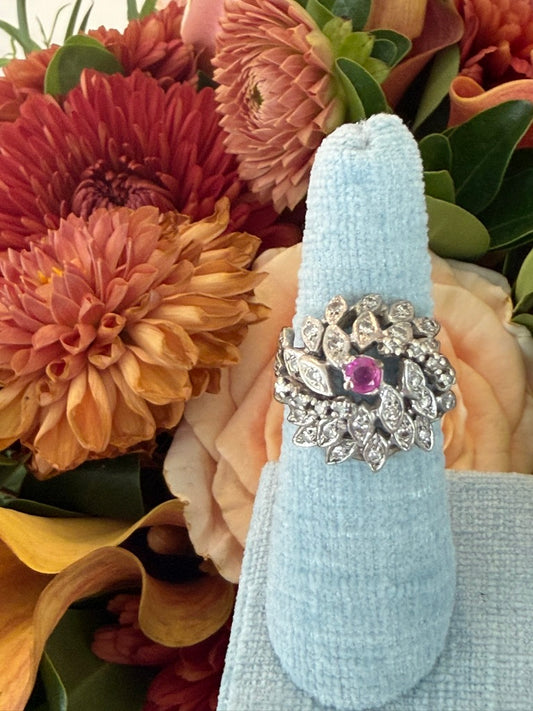 14k White Gold Flower Cluster Ring with Diamond Center