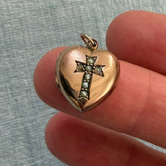 9k Victorian Heart Locket with Seed Pearl Cross