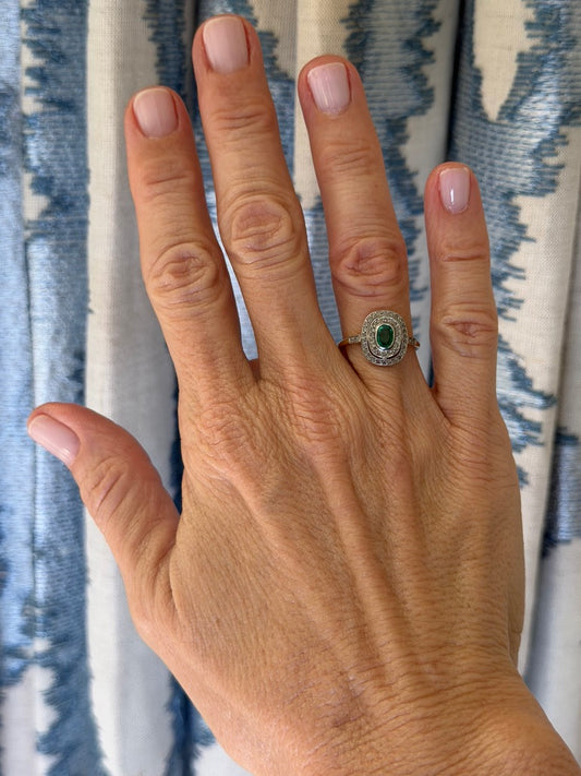 14k Emerald and Diamond Deco Oval Ring