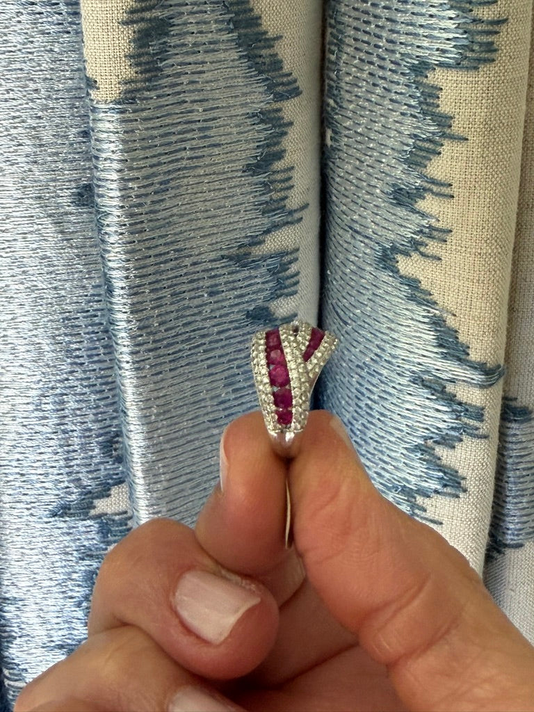 14K White Gold Diamond and Ruby Wave Ring