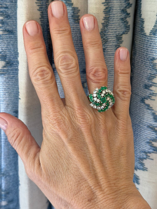 14K White Gold Emerald and Diamond Swirl Ring