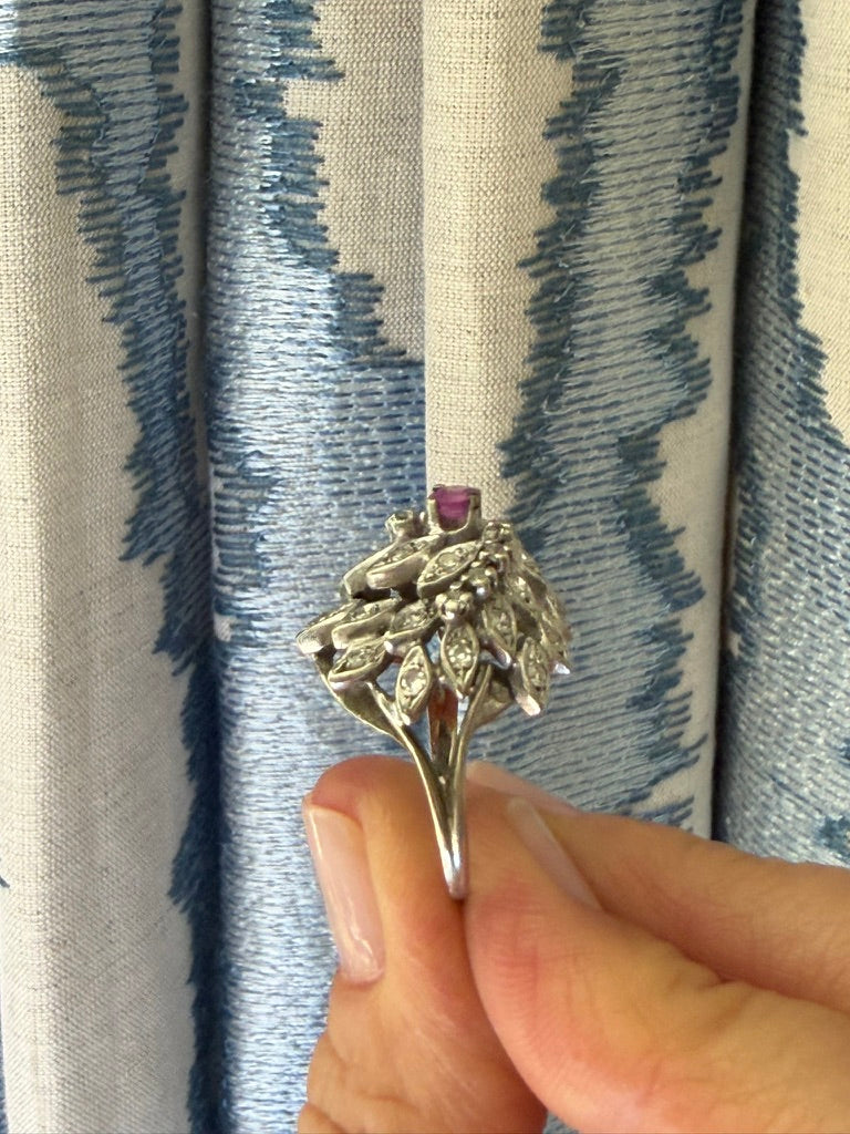 14k White Gold Flower Cluster Ring with Diamond Center