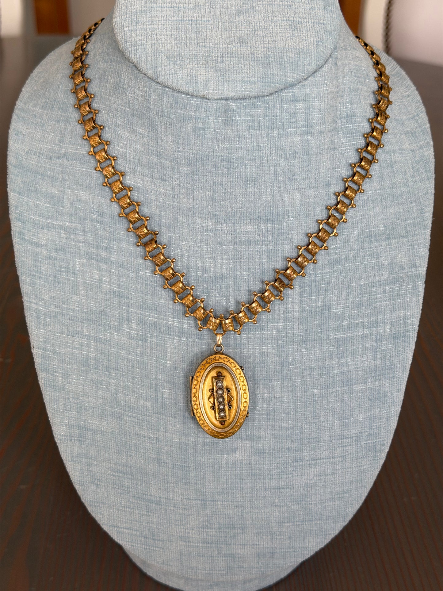 Gold Filled Antique Book Chain and Seed Pearl Locket