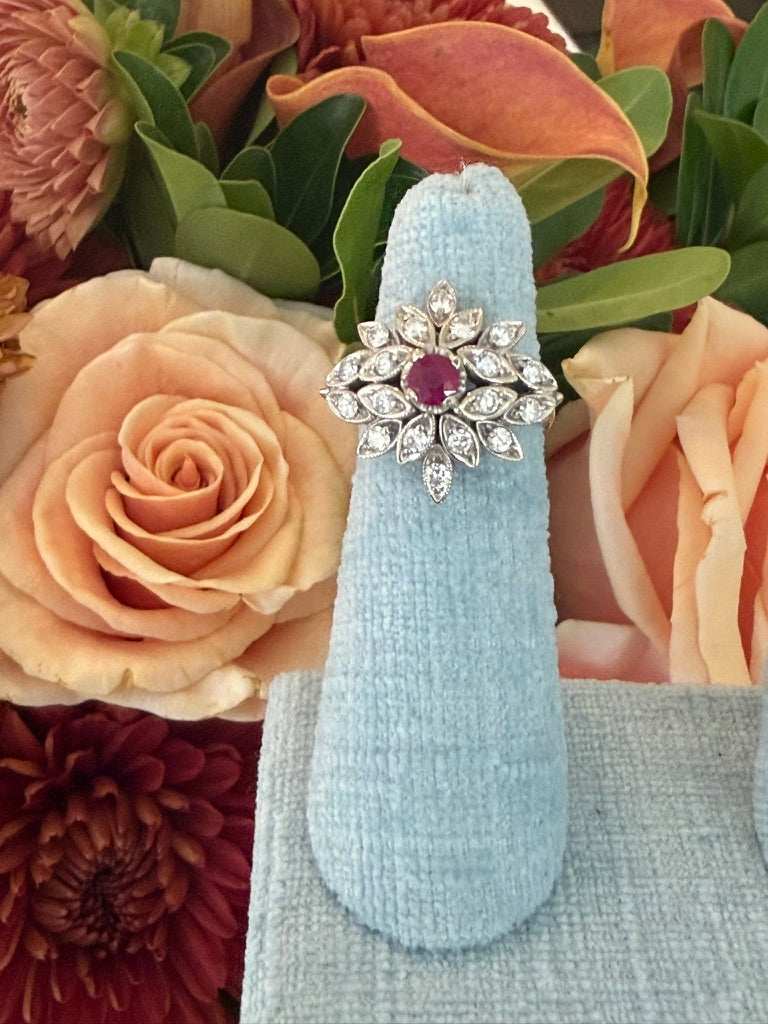 14k White Gold Ruby and Diamond Flower Ring