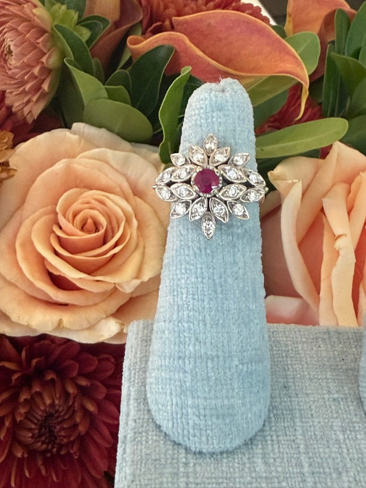 14k White Gold Ruby and Diamond Flower Ring