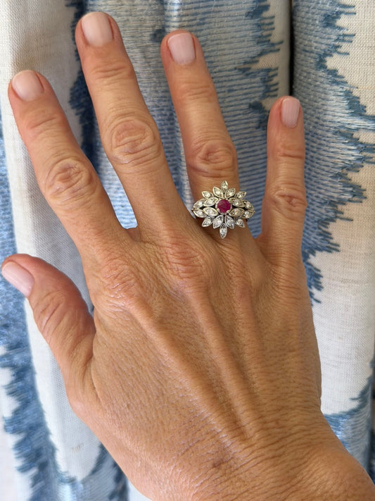 14k White Gold Ruby and Diamond Flower Ring