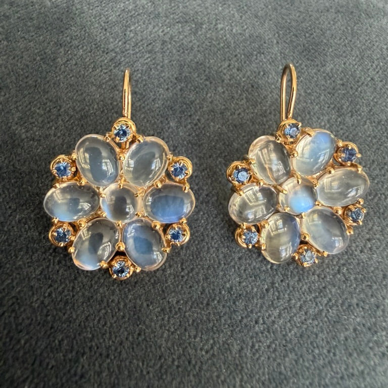 14K Moonstone and Sapphire Floral Earrings