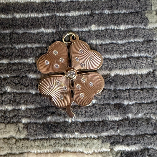 14k Engine Turned Clover Charm with Diamonds