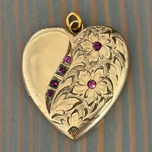 Gold Filled Victorian Large Heart Locket with Pink Paste